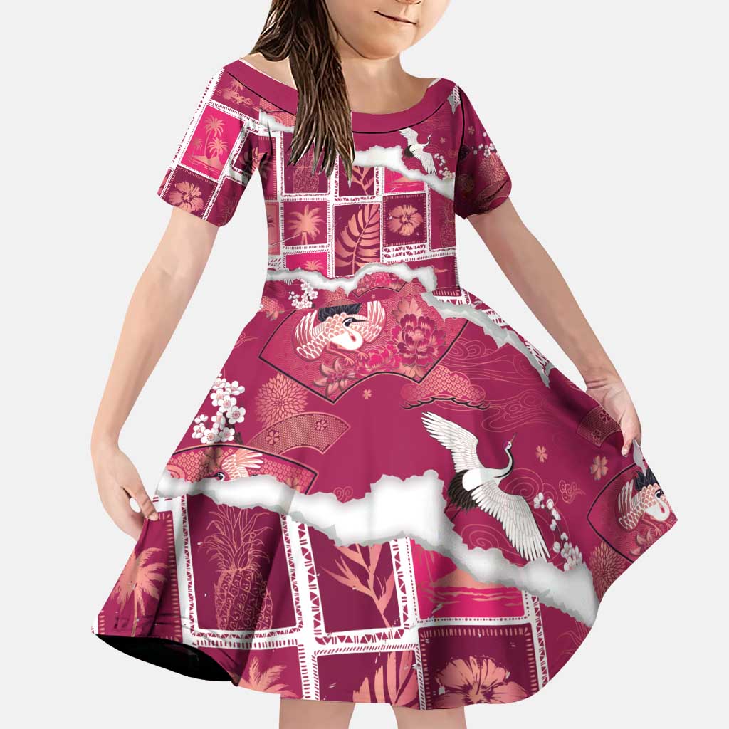 Hawaii Japanese Culture Pink Family Matching Summer Maxi Dress and Hawaiian Shirt Spring Cranes Aloha Pattern