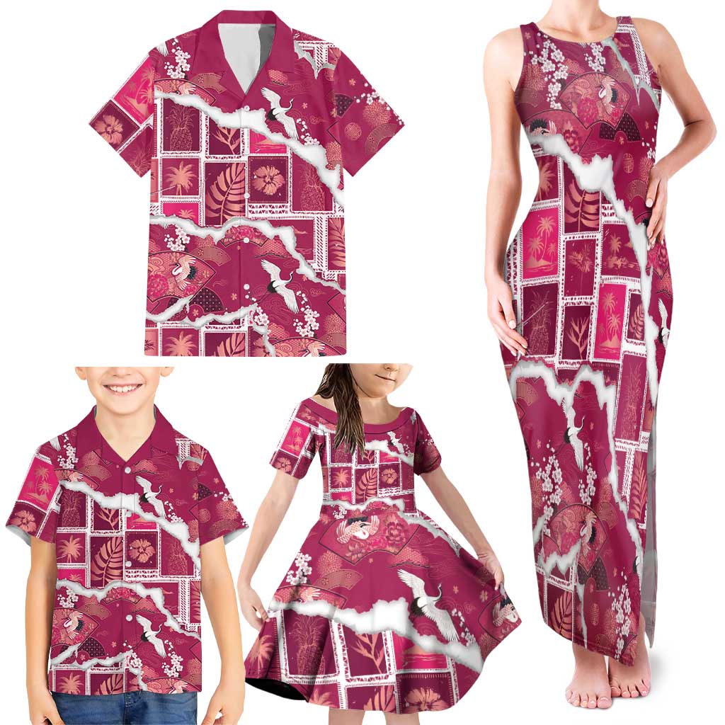 Hawaii Japanese Culture Pink Family Matching Tank Maxi Dress and Hawaiian Shirt Spring Cranes Aloha Pattern