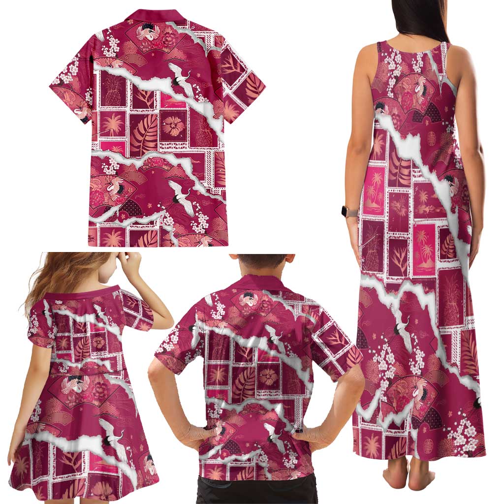 Hawaii Japanese Culture Pink Family Matching Tank Maxi Dress and Hawaiian Shirt Spring Cranes Aloha Pattern
