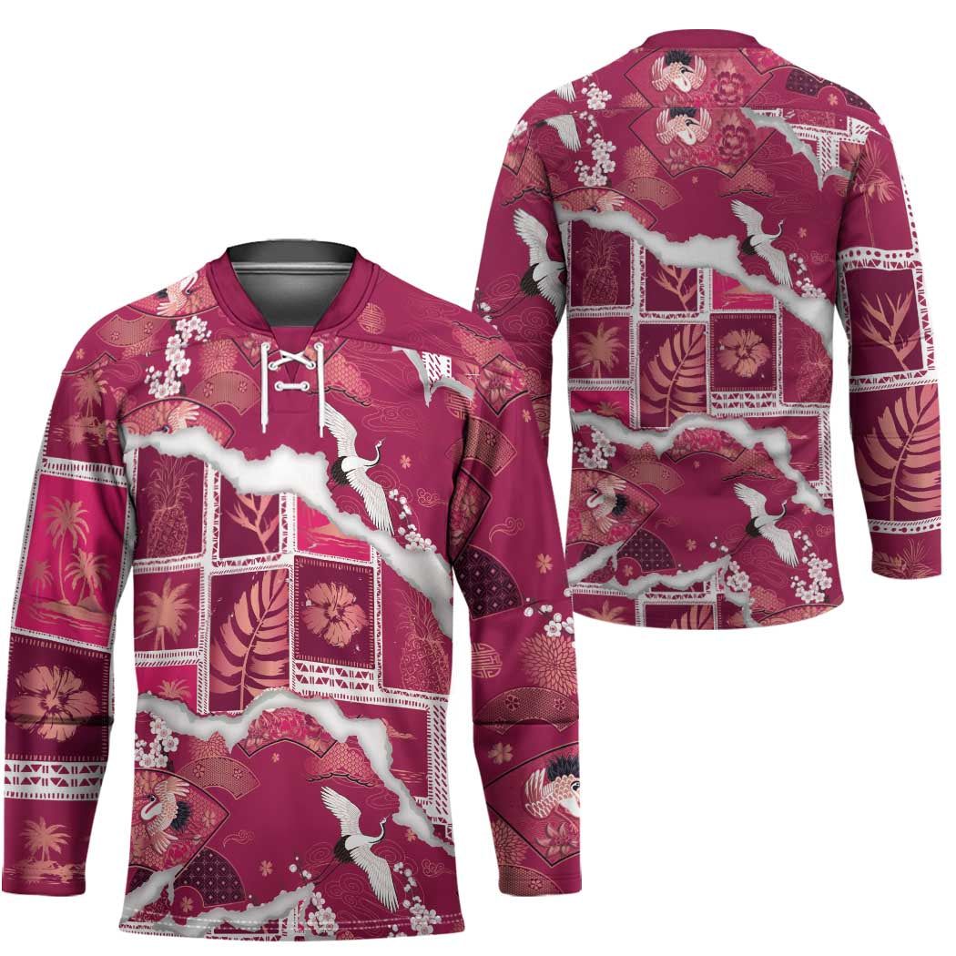 Hawaii Japanese Culture Pink Hockey Jersey Spring Cranes Aloha Pattern