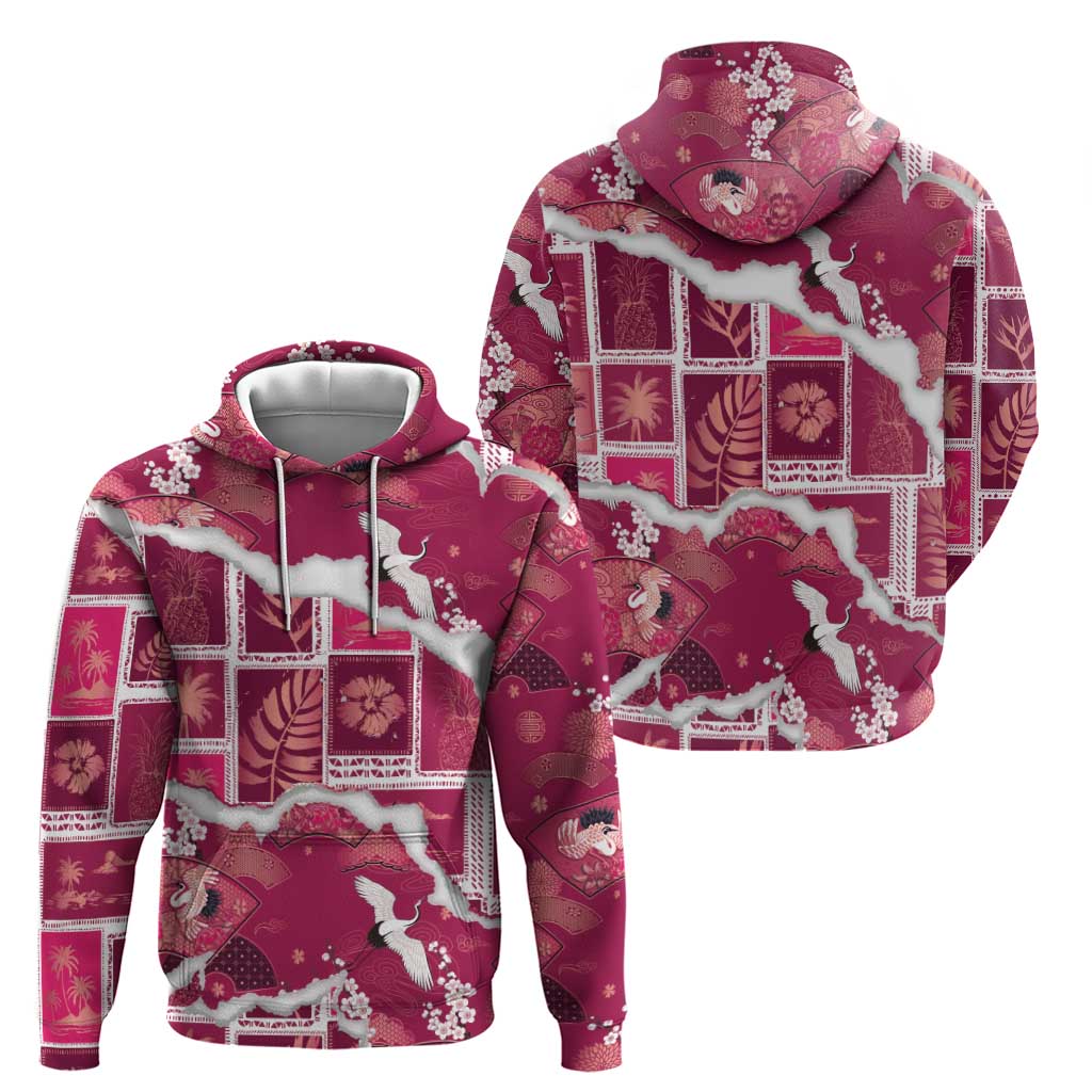 Hawaii Japanese Culture Pink Hoodie Spring Cranes Aloha Pattern