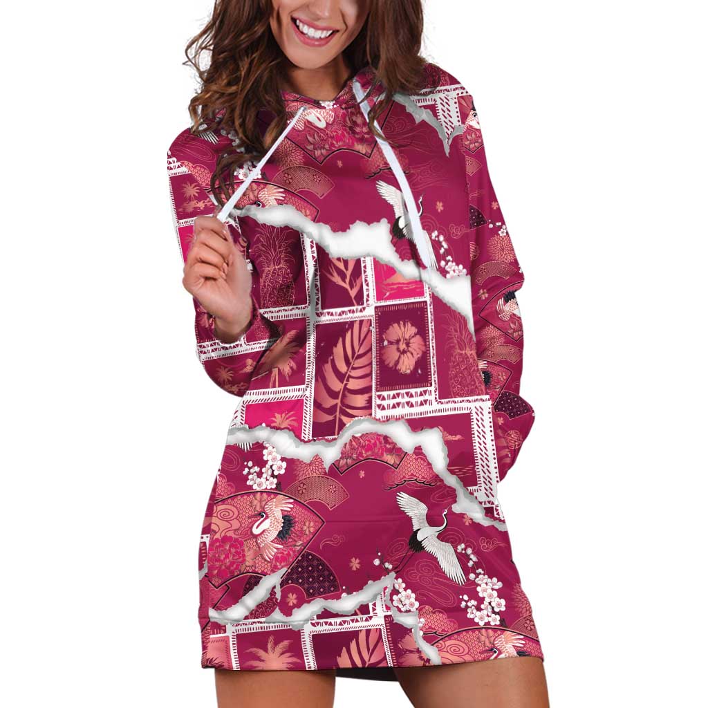 Hawaii Japanese Culture Pink Hoodie Dress Spring Cranes Aloha Pattern