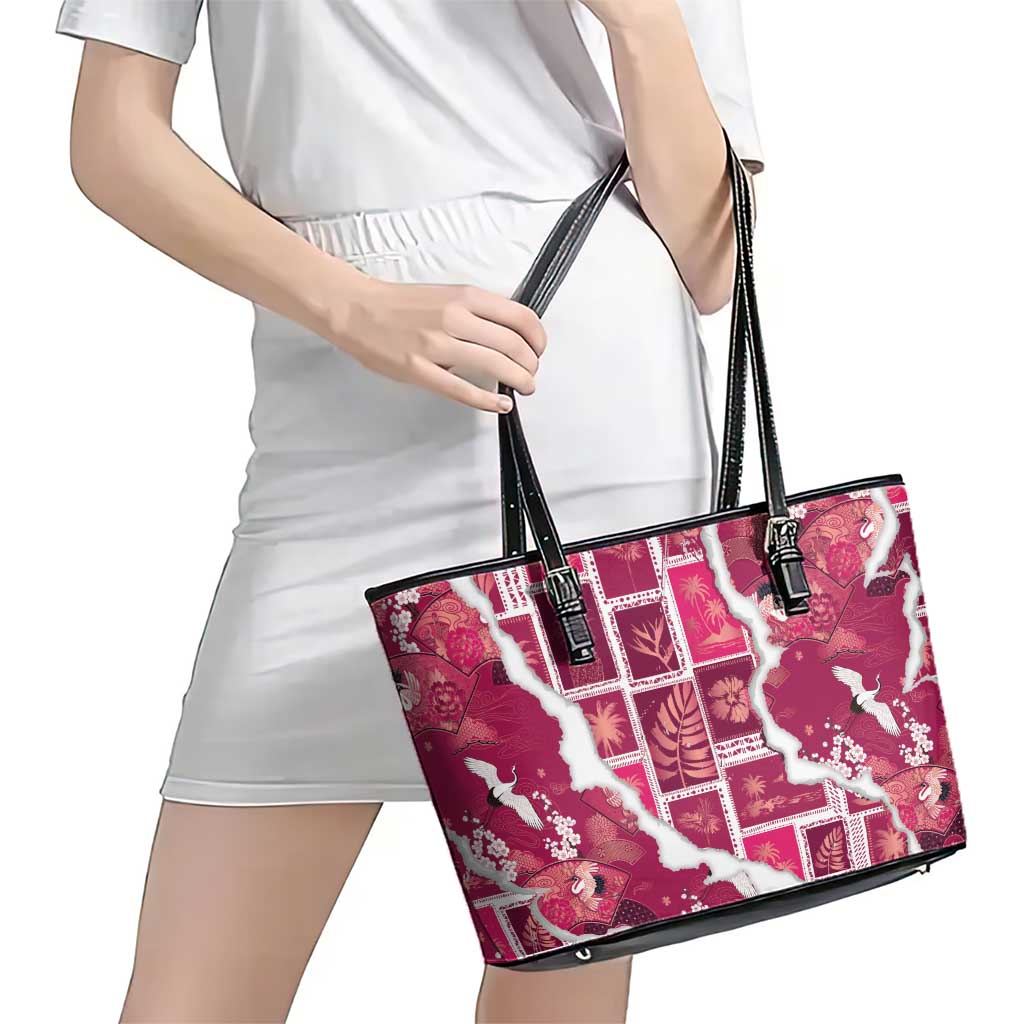 Hawaii Japanese Culture Pink Leather Tote Bag Spring Cranes Aloha Pattern