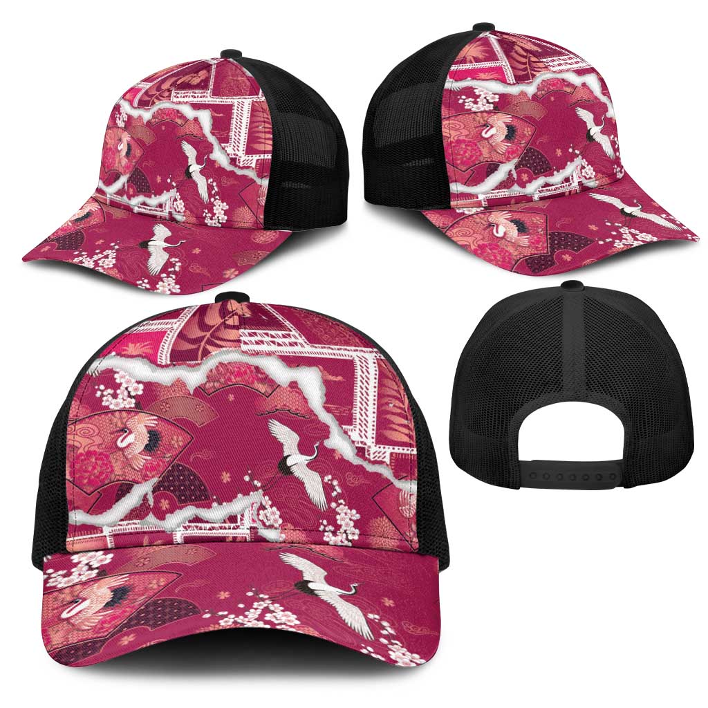 Hawaii Japanese Culture Pink Mesh Trucker Cap Spring Cranes Aloha Pattern