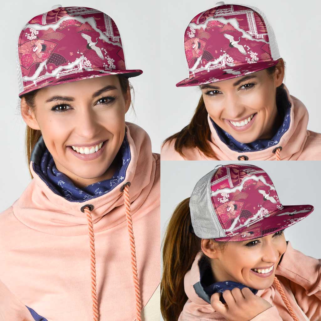 Hawaii Japanese Culture Pink Mesh Trucker Cap Spring Cranes Aloha Pattern