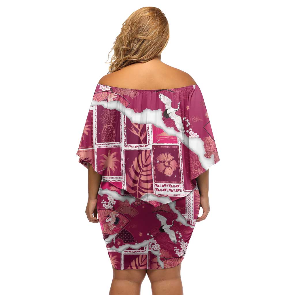 Hawaii Japanese Culture Pink Off Shoulder Short Dress Spring Cranes Aloha Pattern