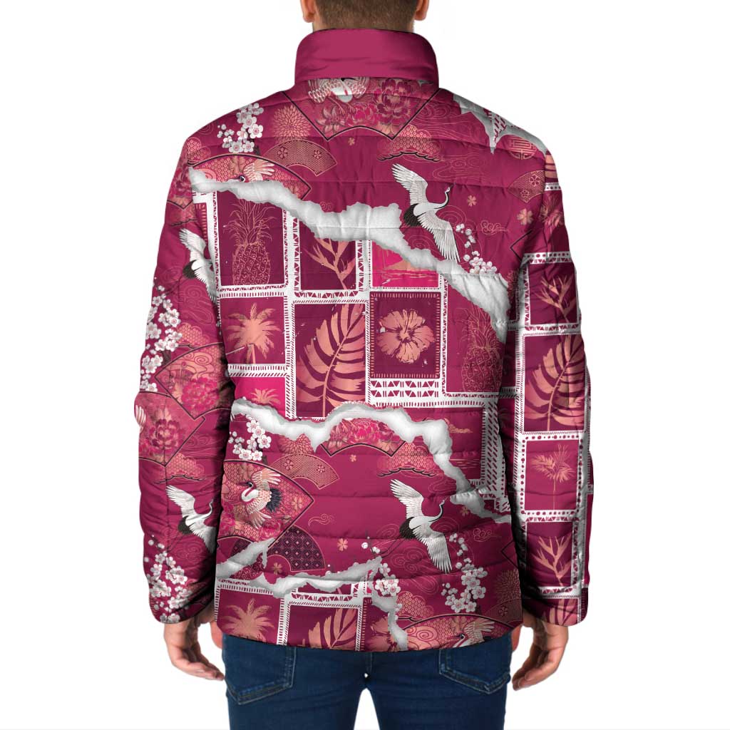 Hawaii Japanese Culture Pink Padded Jacket Spring Cranes Aloha Pattern