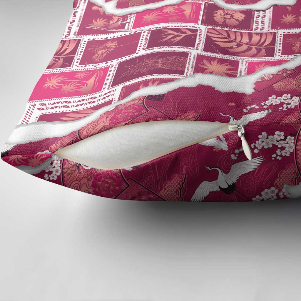 Hawaii Japanese Culture Pink Pillow Cover Spring Cranes Aloha Pattern