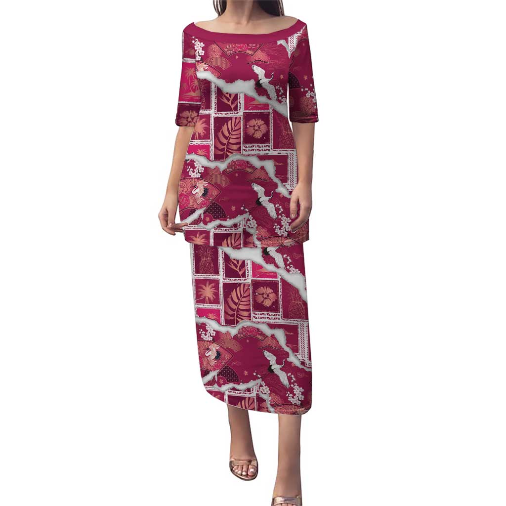 Hawaii Japanese Culture Pink Puletasi Spring Cranes Aloha Pattern