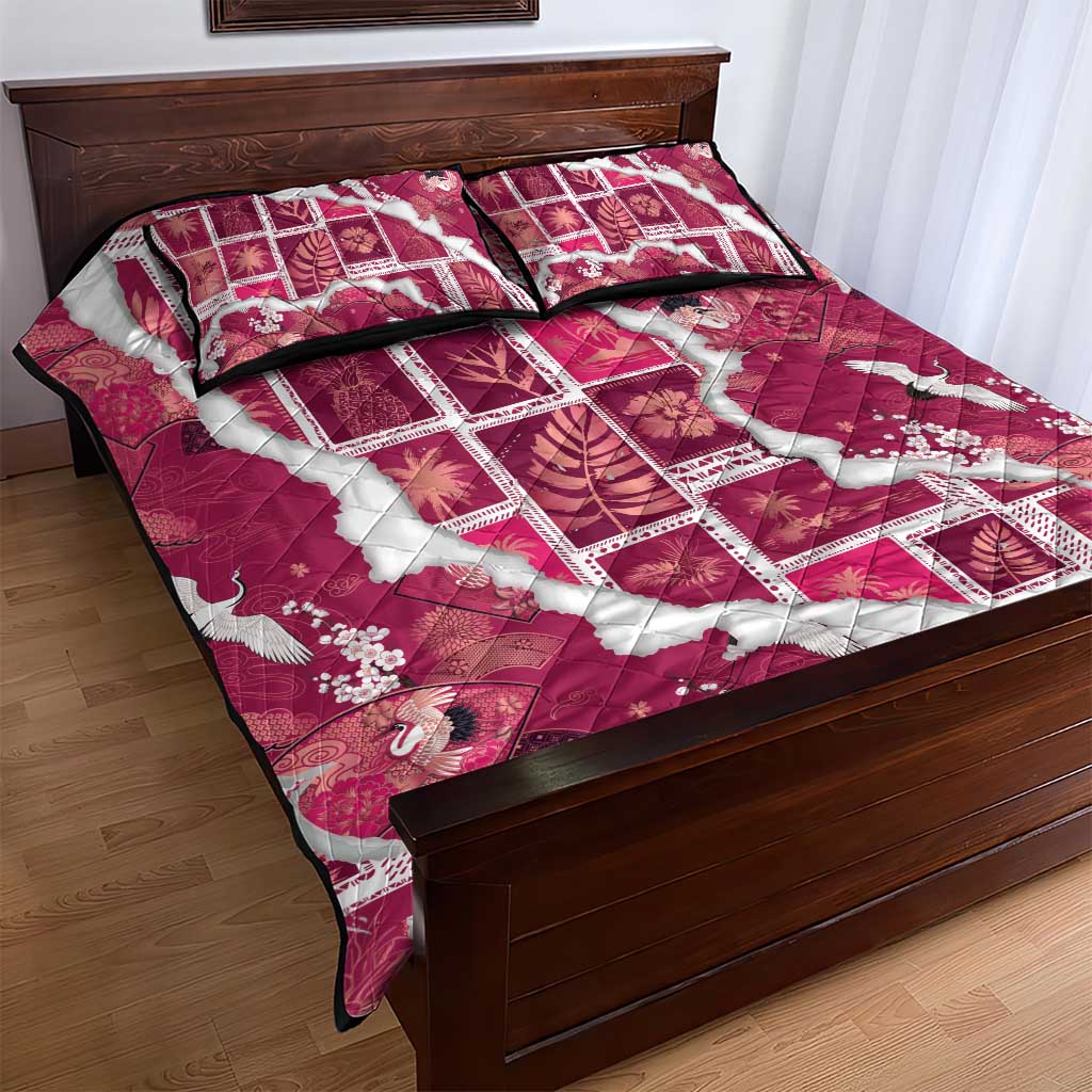 Hawaii Japanese Culture Pink Quilt Bed Set Spring Cranes Aloha Pattern