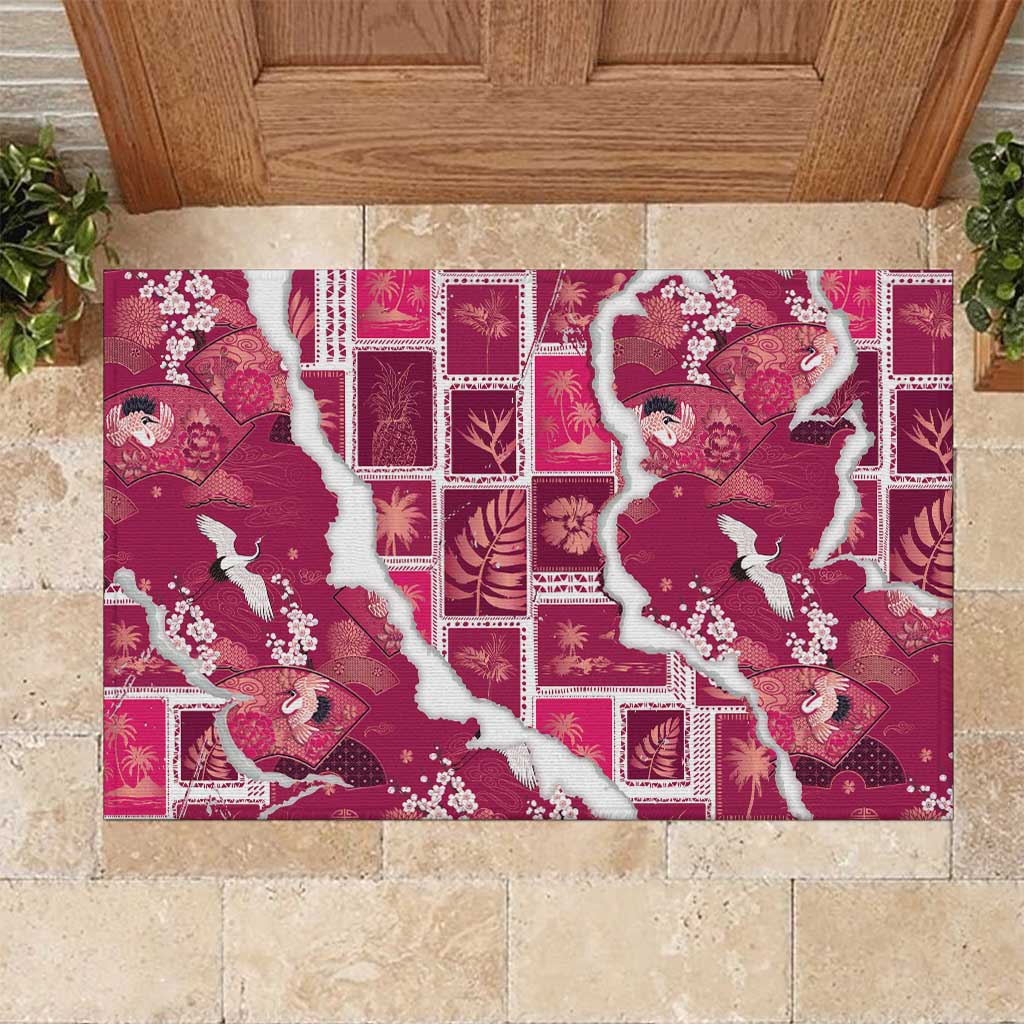 Hawaii Japanese Culture Pink Rubber Doormat Spring Cranes Aloha Pattern