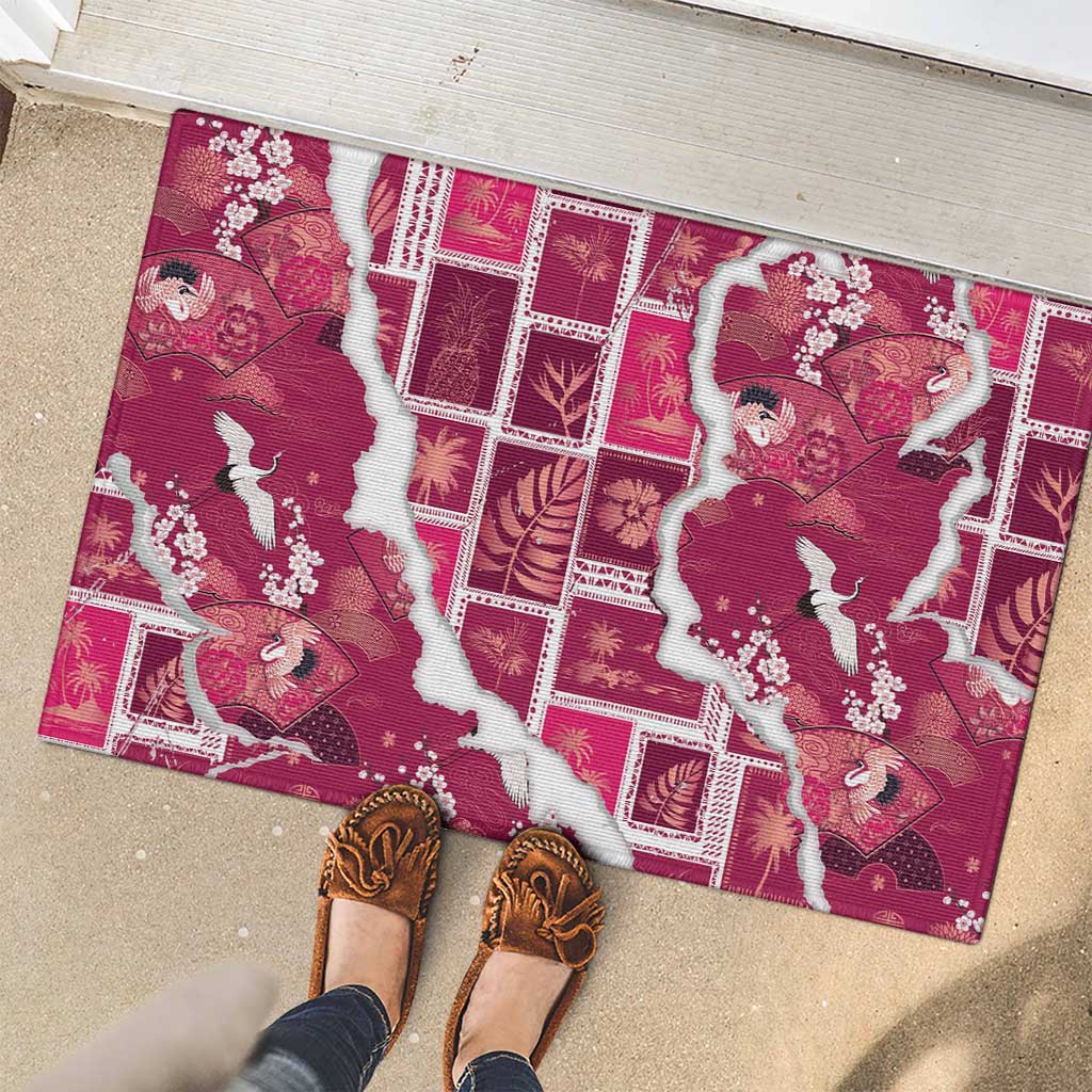 Hawaii Japanese Culture Pink Rubber Doormat Spring Cranes Aloha Pattern