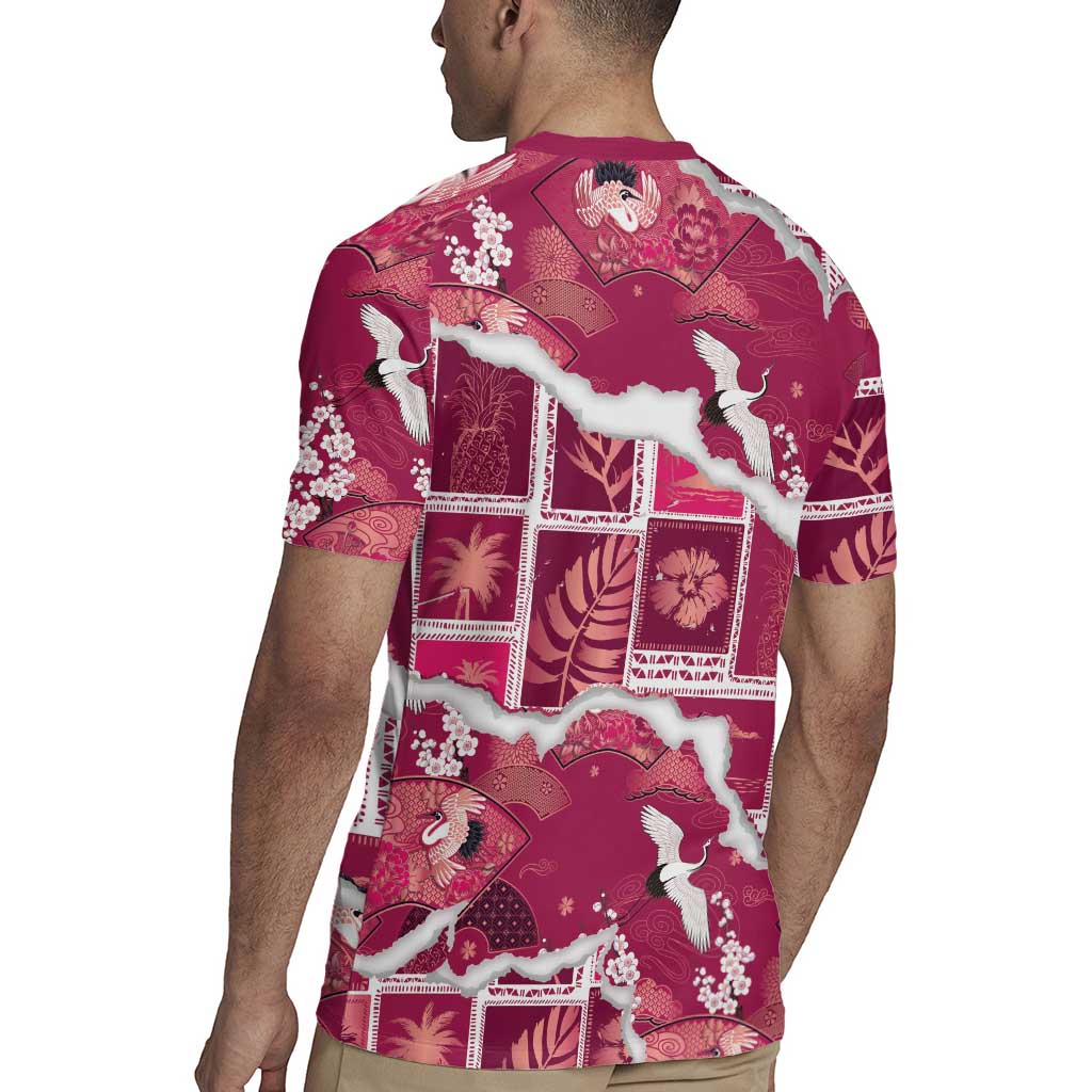 Hawaii Japanese Culture Pink Rugby Jersey Spring Cranes Aloha Pattern