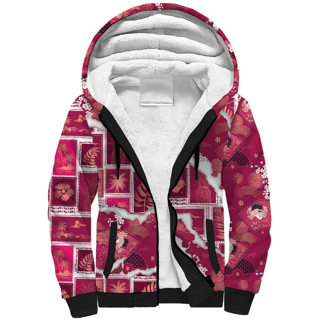Hawaii Japanese Culture Pink Sherpa Hoodie Spring Cranes Aloha Pattern LT01 Unisex Pink - Polynesian Pride