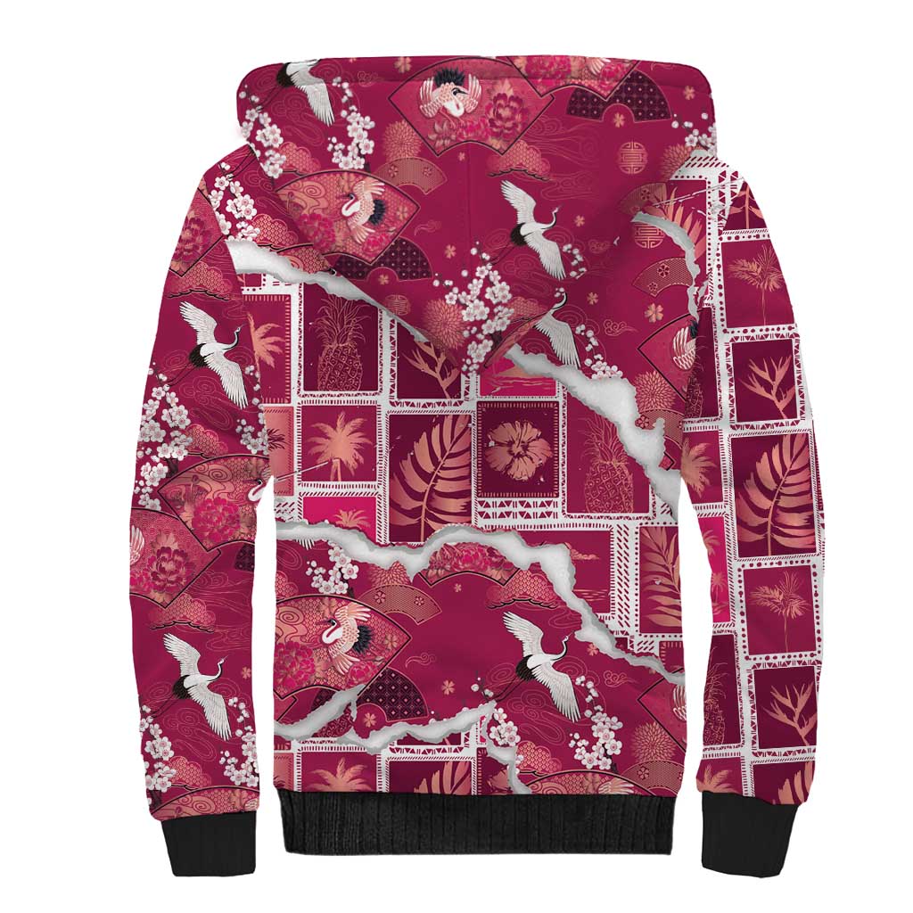 Hawaii Japanese Culture Pink Sherpa Hoodie Spring Cranes Aloha Pattern LT01 - Polynesian Pride