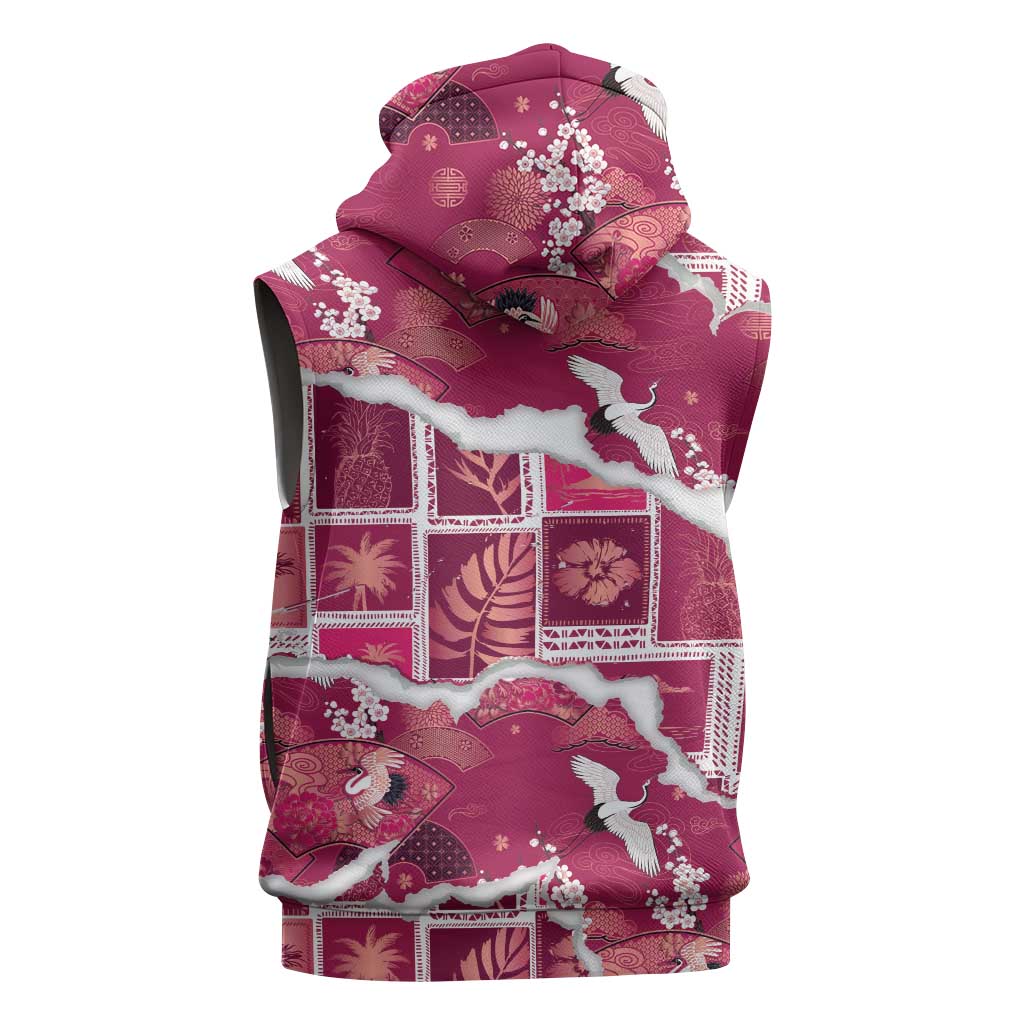 Hawaii Japanese Culture Pink Sleeveless Hoodie Spring Cranes Aloha Pattern
