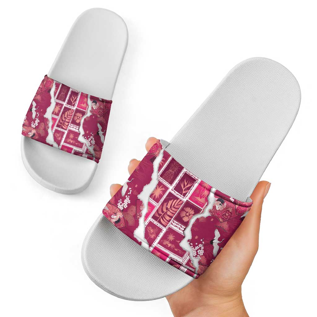 Hawaii Japanese Culture Pink Slide Sandals Spring Cranes Aloha Pattern
