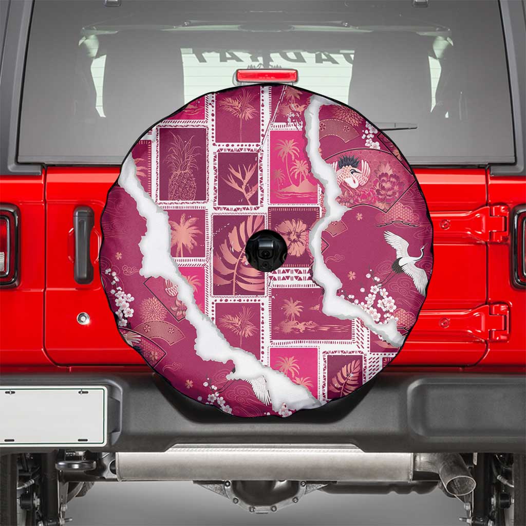 Hawaii Japanese Culture Pink Spare Tire Cover Spring Cranes Aloha Pattern