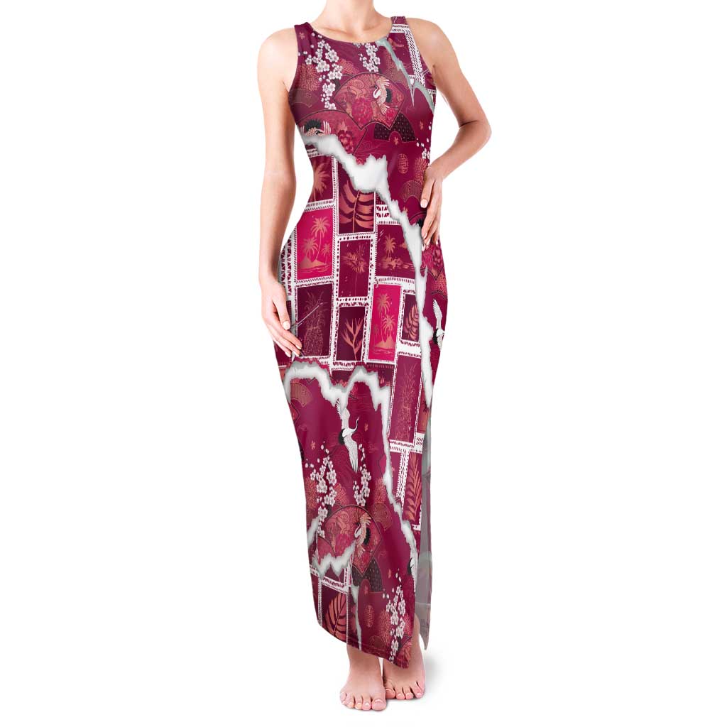 Hawaii Japanese Culture Pink Tank Maxi Dress Spring Cranes Aloha Pattern
