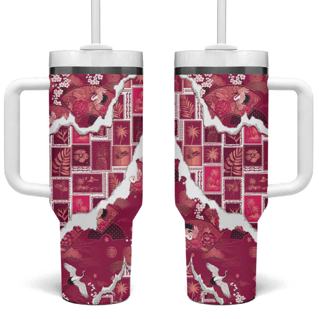 Hawaii Japanese Culture Pink Tumbler With Handle Spring Cranes Aloha Pattern
