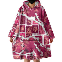 Hawaii Japanese Culture Pink Wearable Blanket Hoodie Spring Cranes Aloha Pattern