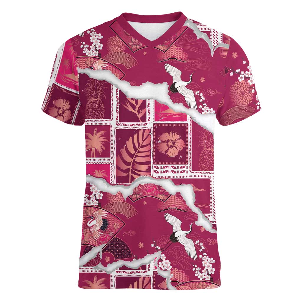 Hawaii Japanese Culture Pink Women V-Neck T-Shirt Spring Cranes Aloha Pattern
