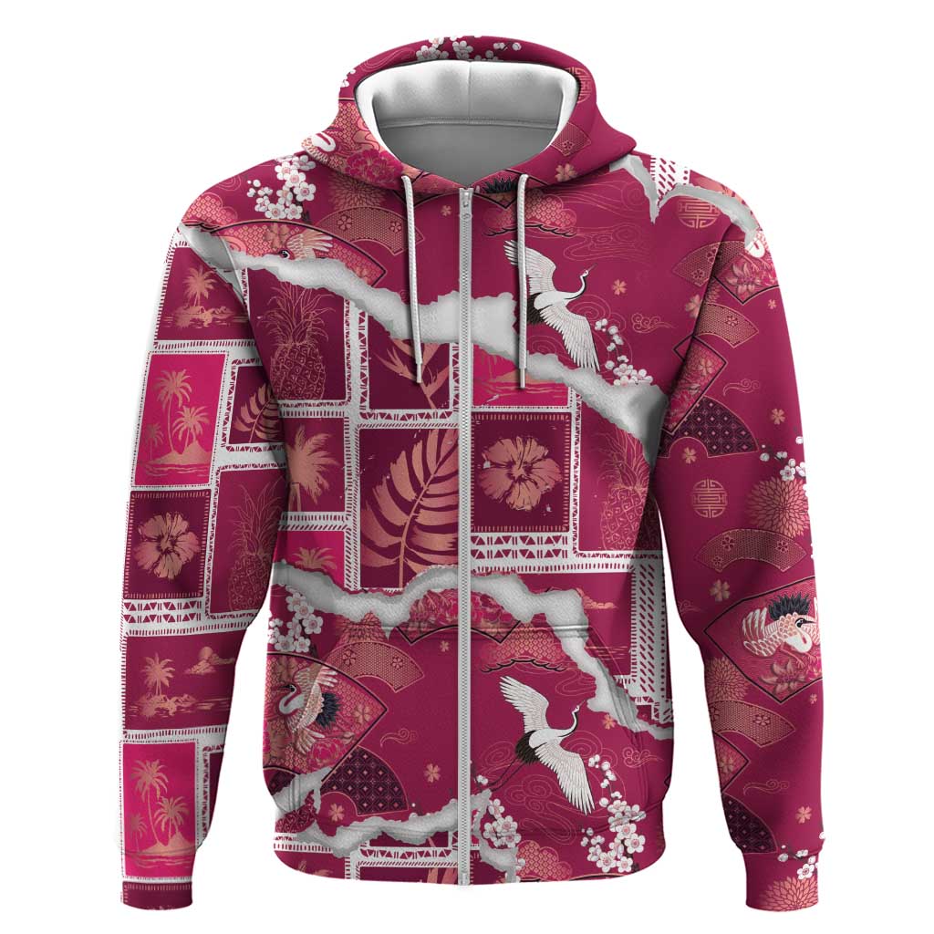 Hawaii Japanese Culture Pink Zip Hoodie Spring Cranes Aloha Pattern