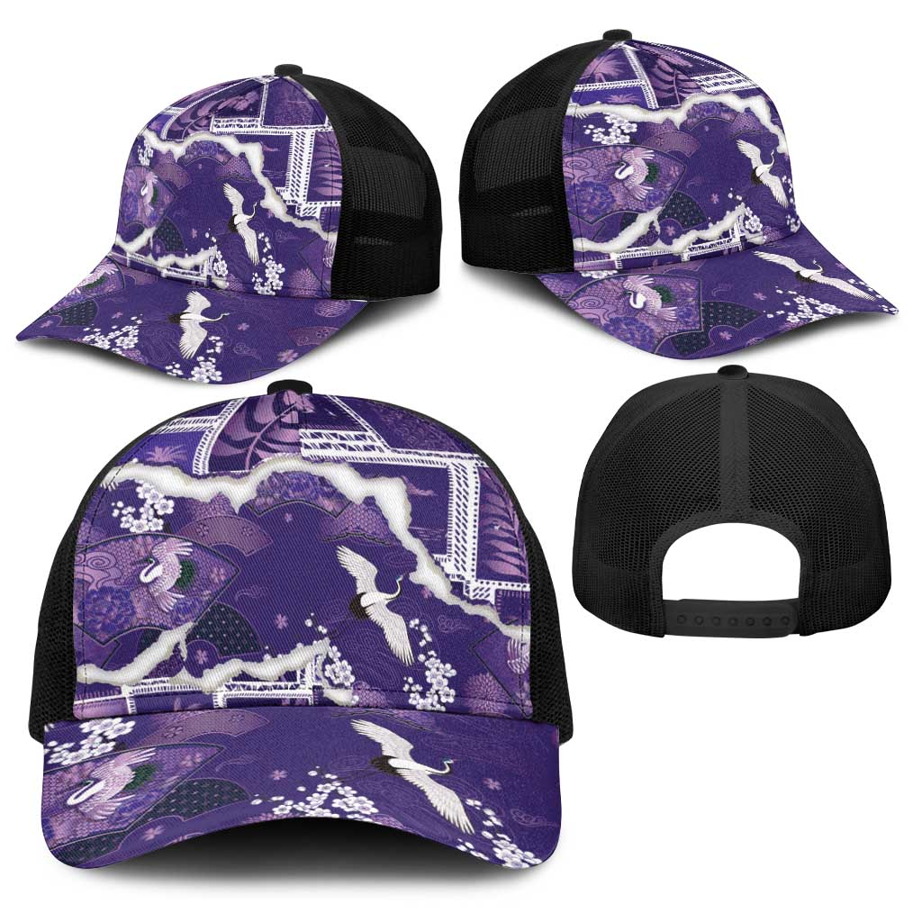 Hawaii Japanese Culture Purple Baseball Net Cap Spring Cranes Aloha Pattern