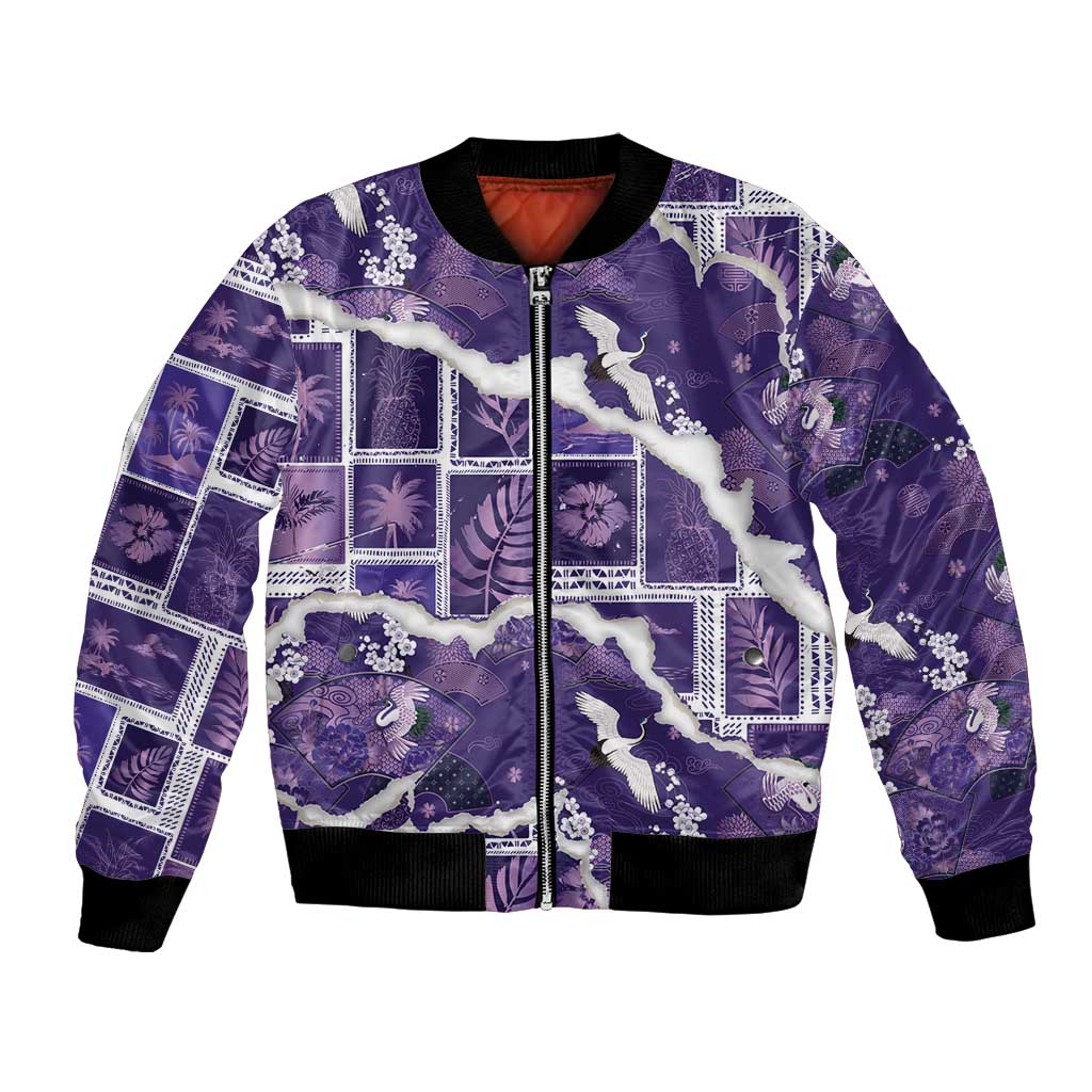Hawaii Japanese Culture Purple Bomber Jacket Spring Cranes Aloha Pattern