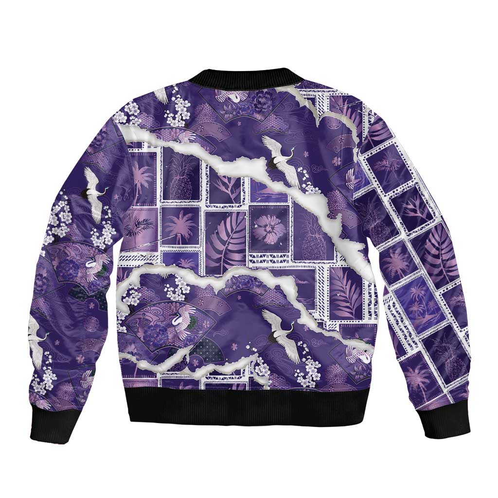 Hawaii Japanese Culture Purple Bomber Jacket Spring Cranes Aloha Pattern