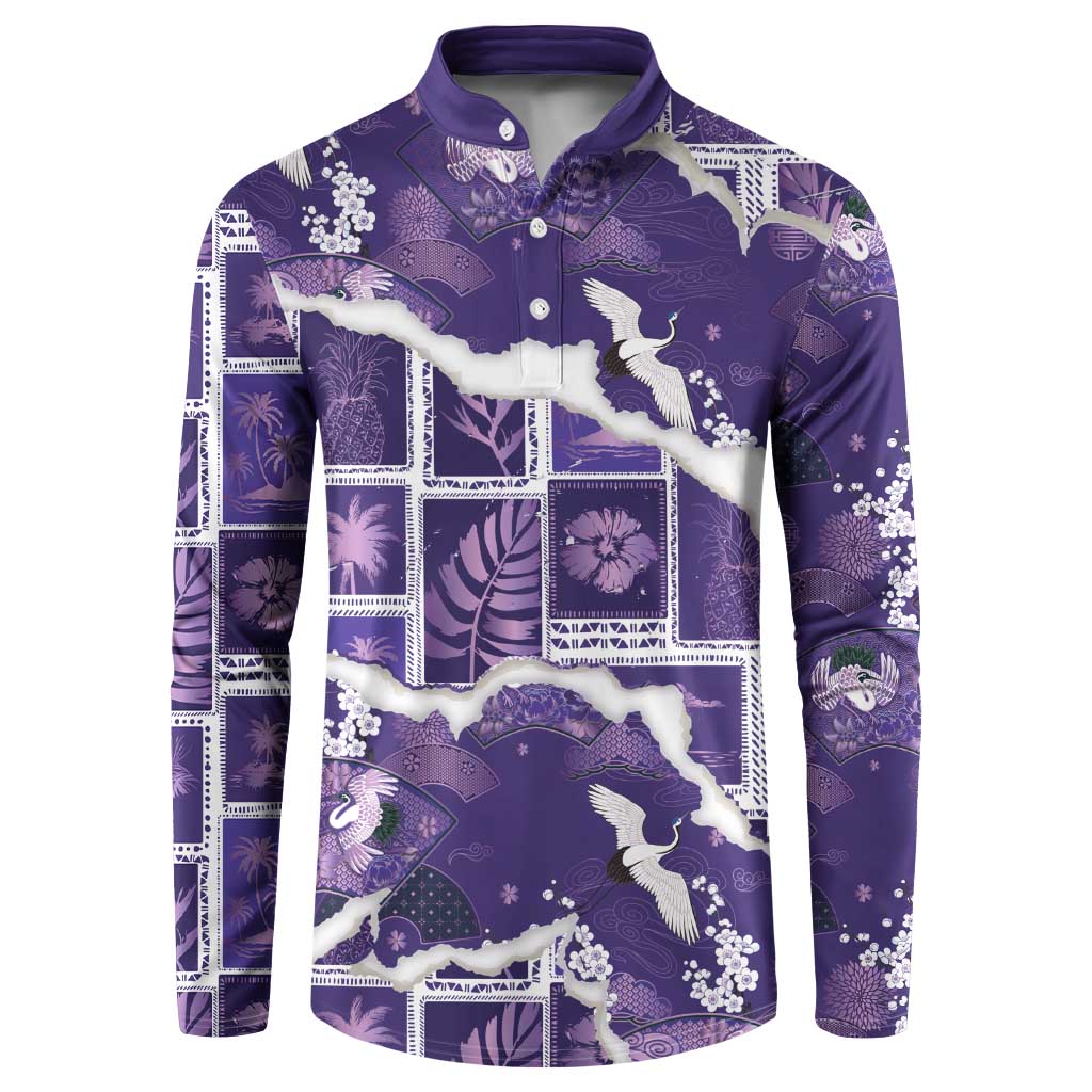 Hawaii Japanese Culture Purple Button Sweatshirt Spring Cranes Aloha Pattern