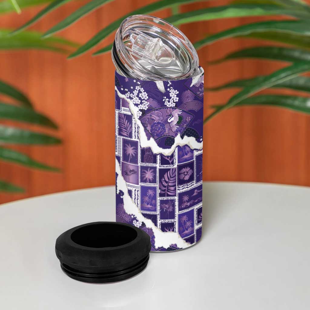 Hawaii Japanese Culture Purple 4 in 1 Can Cooler Tumbler Spring Cranes Aloha Pattern