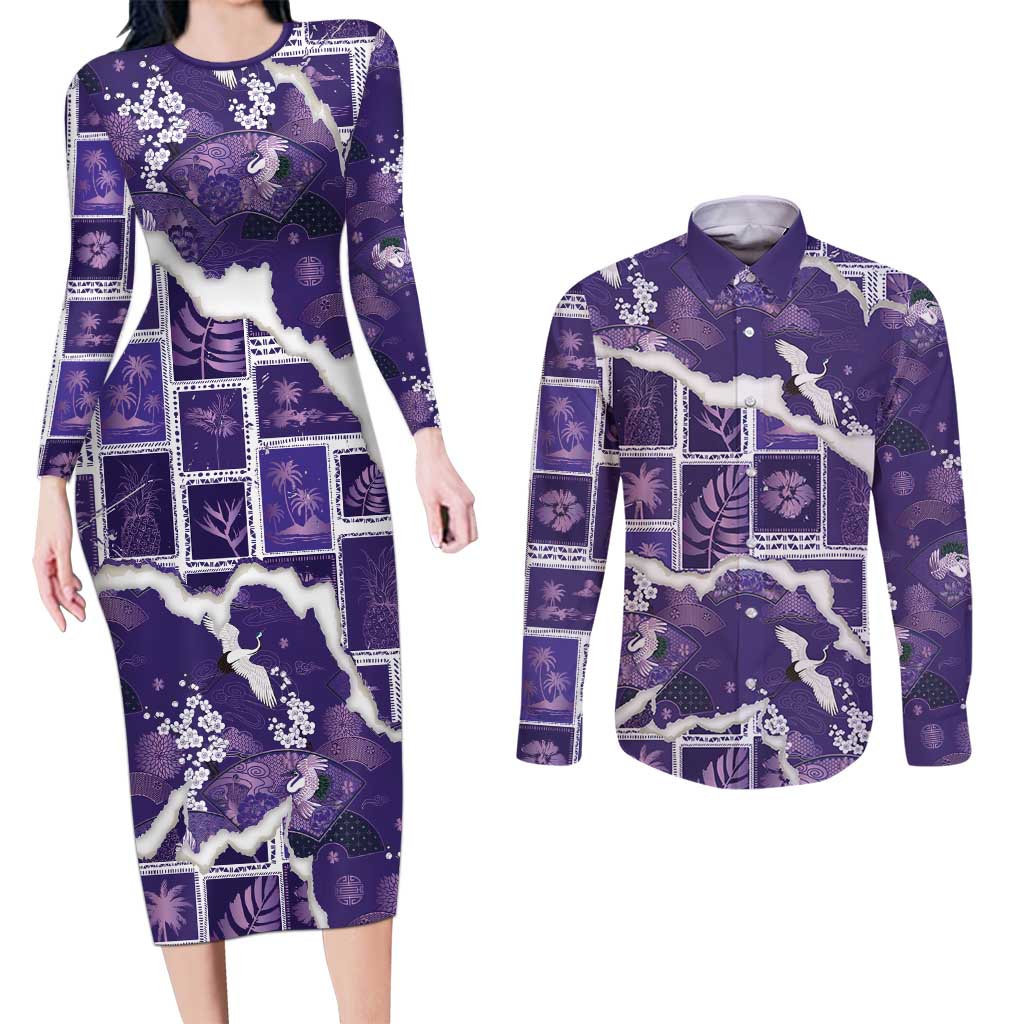 Hawaii Japanese Culture Purple Couples Matching Long Sleeve Bodycon Dress and Long Sleeve Button Shirt Spring Cranes Aloha Pattern