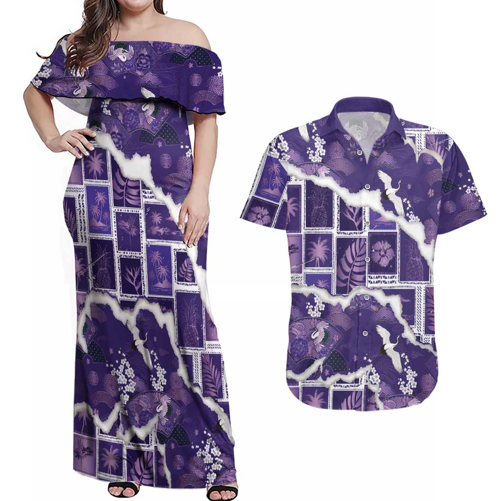 Hawaii Japanese Culture Purple Couples Matching Off Shoulder Maxi Dress and Hawaiian Shirt Spring Cranes Aloha Pattern
