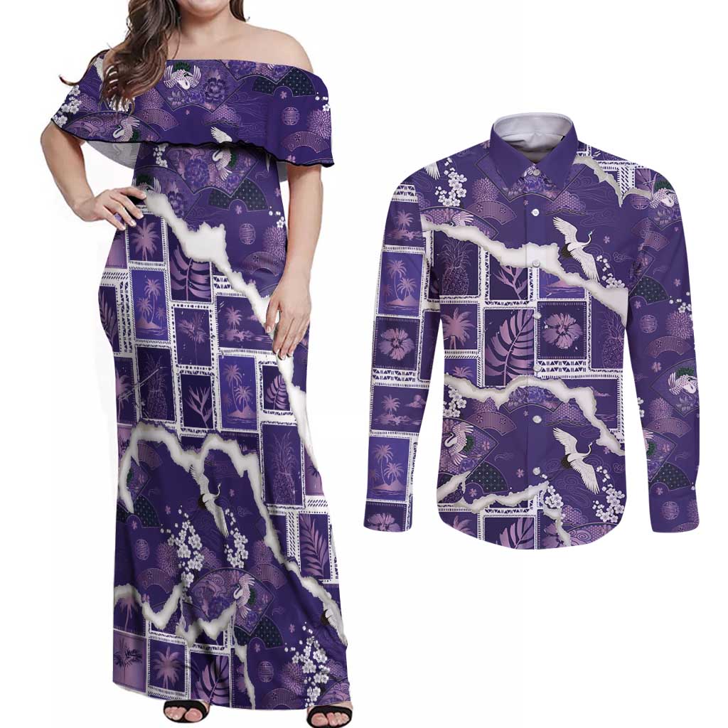 Hawaii Japanese Culture Purple Couples Matching Off Shoulder Maxi Dress and Long Sleeve Button Shirt Spring Cranes Aloha Pattern LT01 Purple - Polynesian Pride