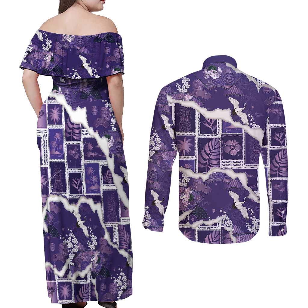Hawaii Japanese Culture Purple Couples Matching Off Shoulder Maxi Dress and Long Sleeve Button Shirt Spring Cranes Aloha Pattern LT01 - Polynesian Pride