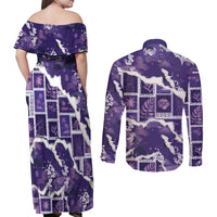 Hawaii Japanese Culture Purple Couples Matching Off Shoulder Maxi Dress and Long Sleeve Button Shirt Spring Cranes Aloha Pattern LT01 - Polynesian Pride