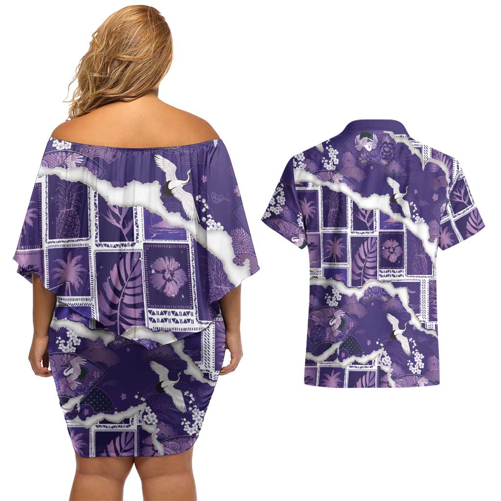 Hawaii Japanese Culture Purple Couples Matching Off Shoulder Short Dress and Hawaiian Shirt Spring Cranes Aloha Pattern