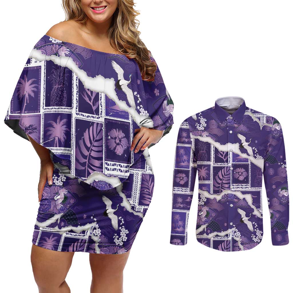 Hawaii Japanese Culture Purple Couples Matching Off Shoulder Short Dress and Long Sleeve Button Shirt Spring Cranes Aloha Pattern LT01 Purple - Polynesian Pride