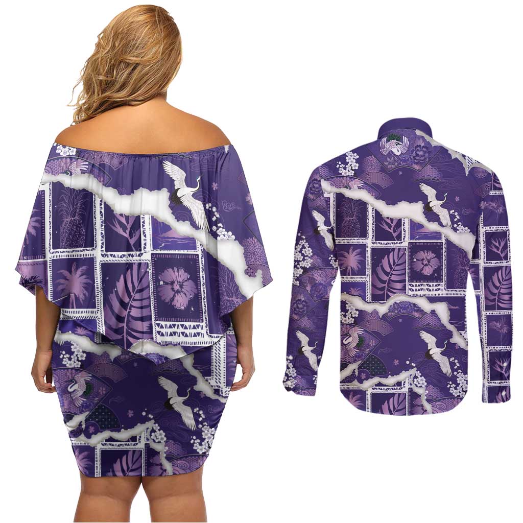 Hawaii Japanese Culture Purple Couples Matching Off Shoulder Short Dress and Long Sleeve Button Shirt Spring Cranes Aloha Pattern LT01 - Polynesian Pride