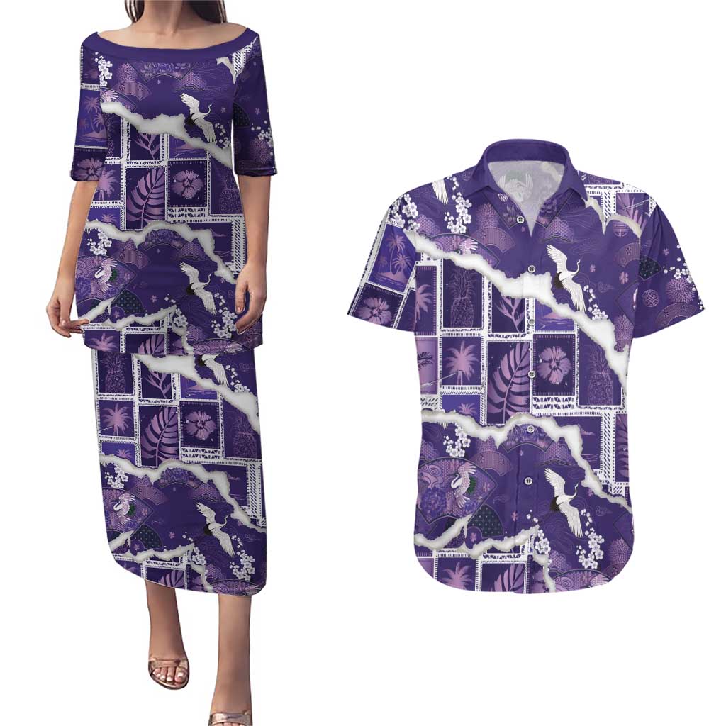 Hawaii Japanese Culture Purple Couples Matching Puletasi and Hawaiian Shirt Spring Cranes Aloha Pattern