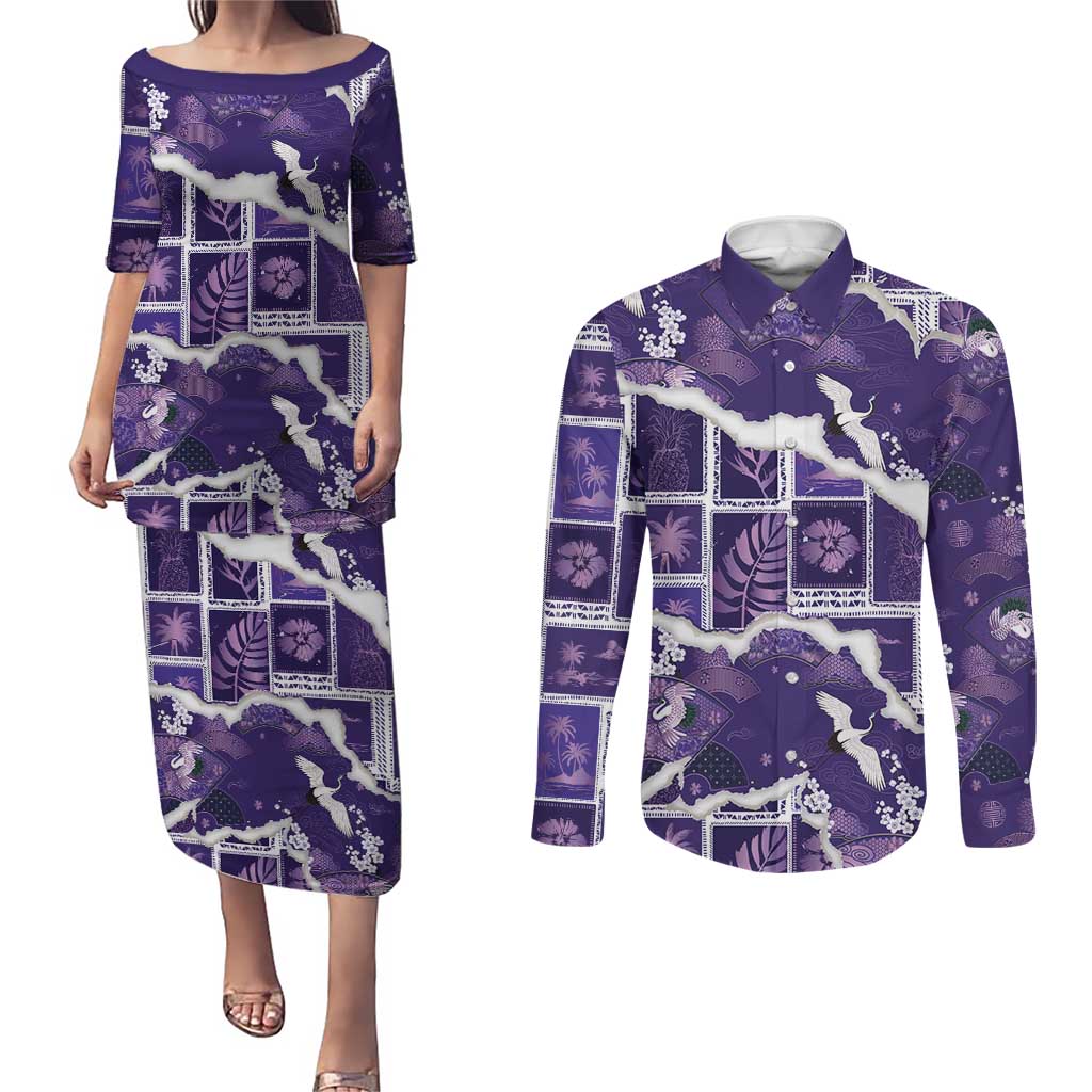 Hawaii Japanese Culture Purple Couples Matching Puletasi and Long Sleeve Button Shirt Spring Cranes Aloha Pattern