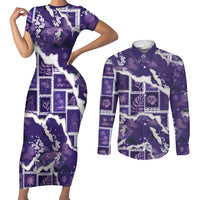 Hawaii Japanese Culture Purple Couples Matching Short Sleeve Bodycon Dress and Long Sleeve Button Shirt Spring Cranes Aloha Pattern