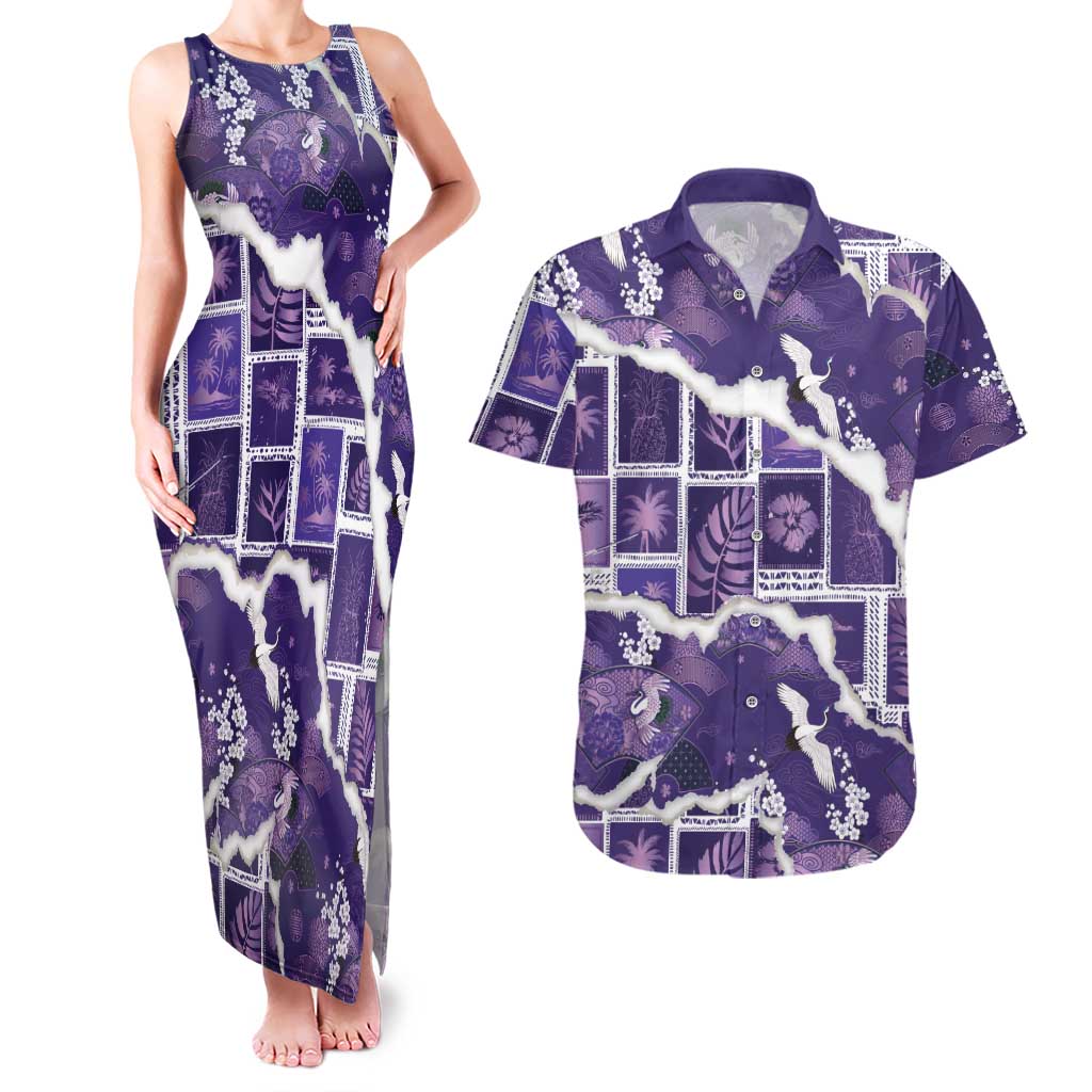 Hawaii Japanese Culture Purple Couples Matching Tank Maxi Dress and Hawaiian Shirt Spring Cranes Aloha Pattern