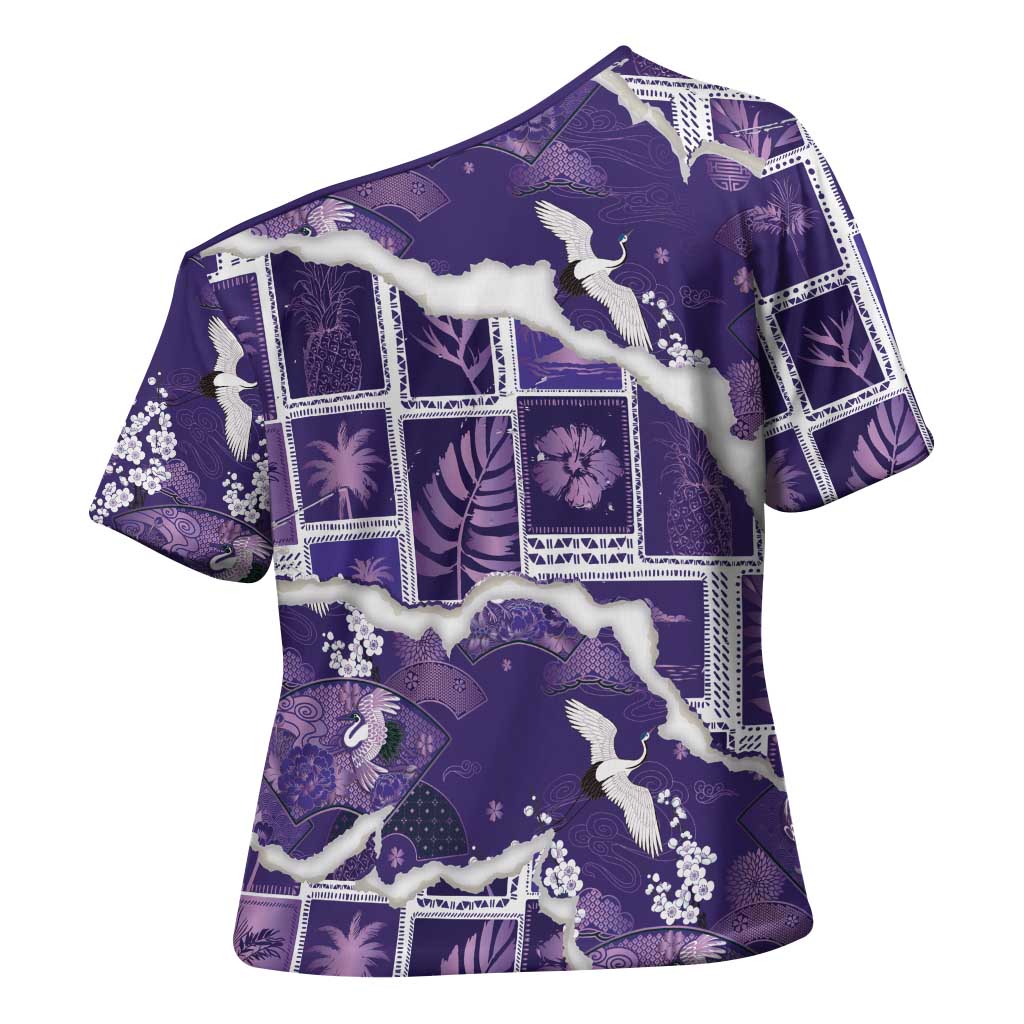 Hawaii Japanese Culture Purple Cross Shoulder Shirt Spring Cranes Aloha Pattern