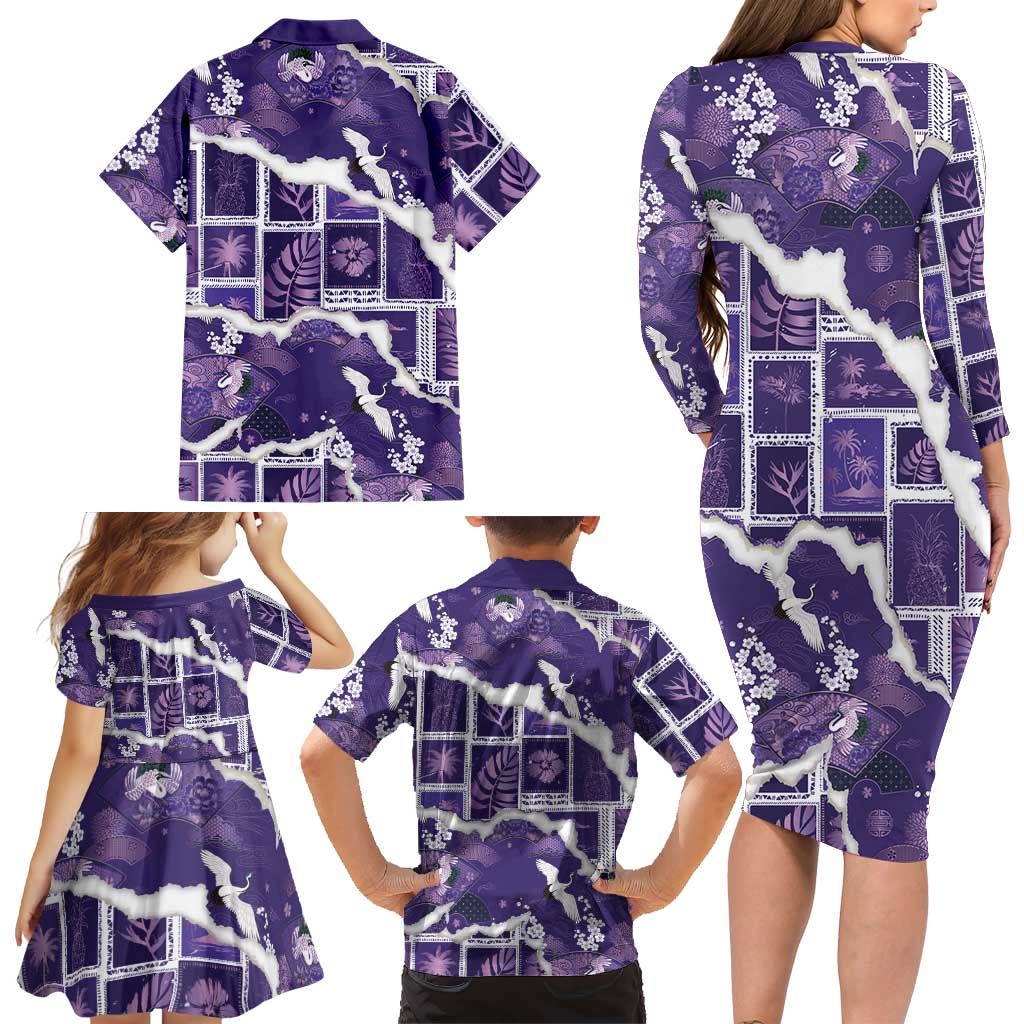 Hawaii Japanese Culture Purple Family Matching Long Sleeve Bodycon Dress and Hawaiian Shirt Spring Cranes Aloha Pattern