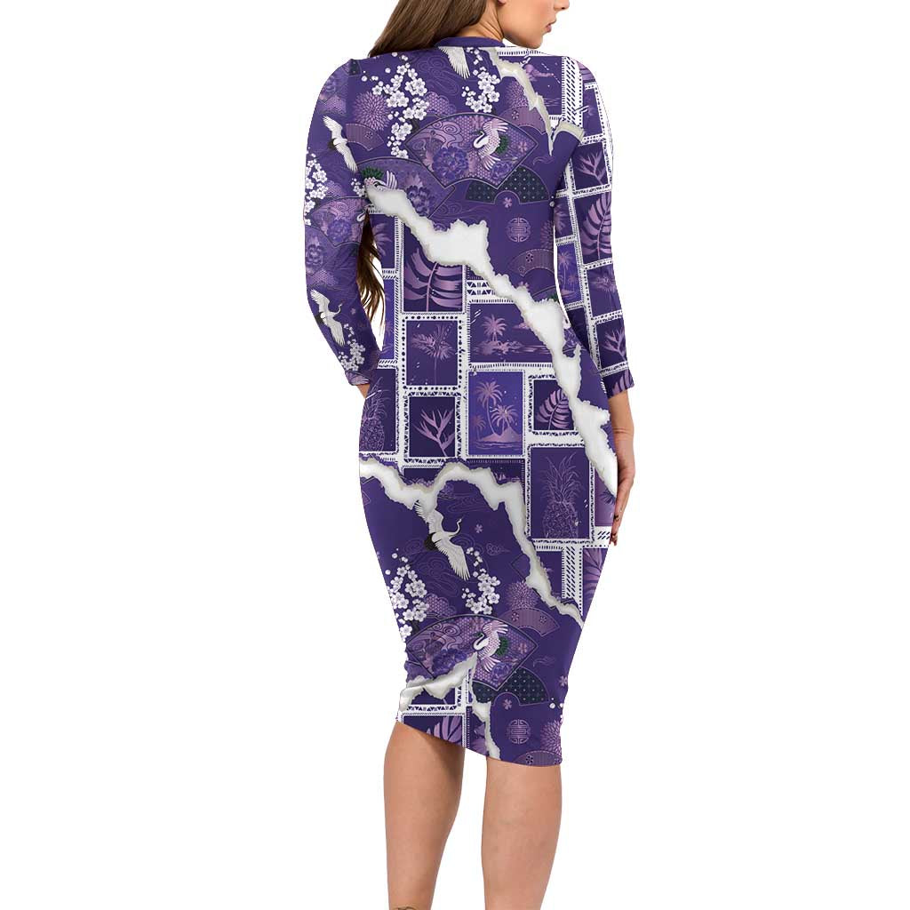 Hawaii Japanese Culture Purple Family Matching Long Sleeve Bodycon Dress and Hawaiian Shirt Spring Cranes Aloha Pattern