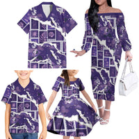 Hawaii Japanese Culture Purple Family Matching Off The Shoulder Long Sleeve Dress and Hawaiian Shirt Spring Cranes Aloha Pattern