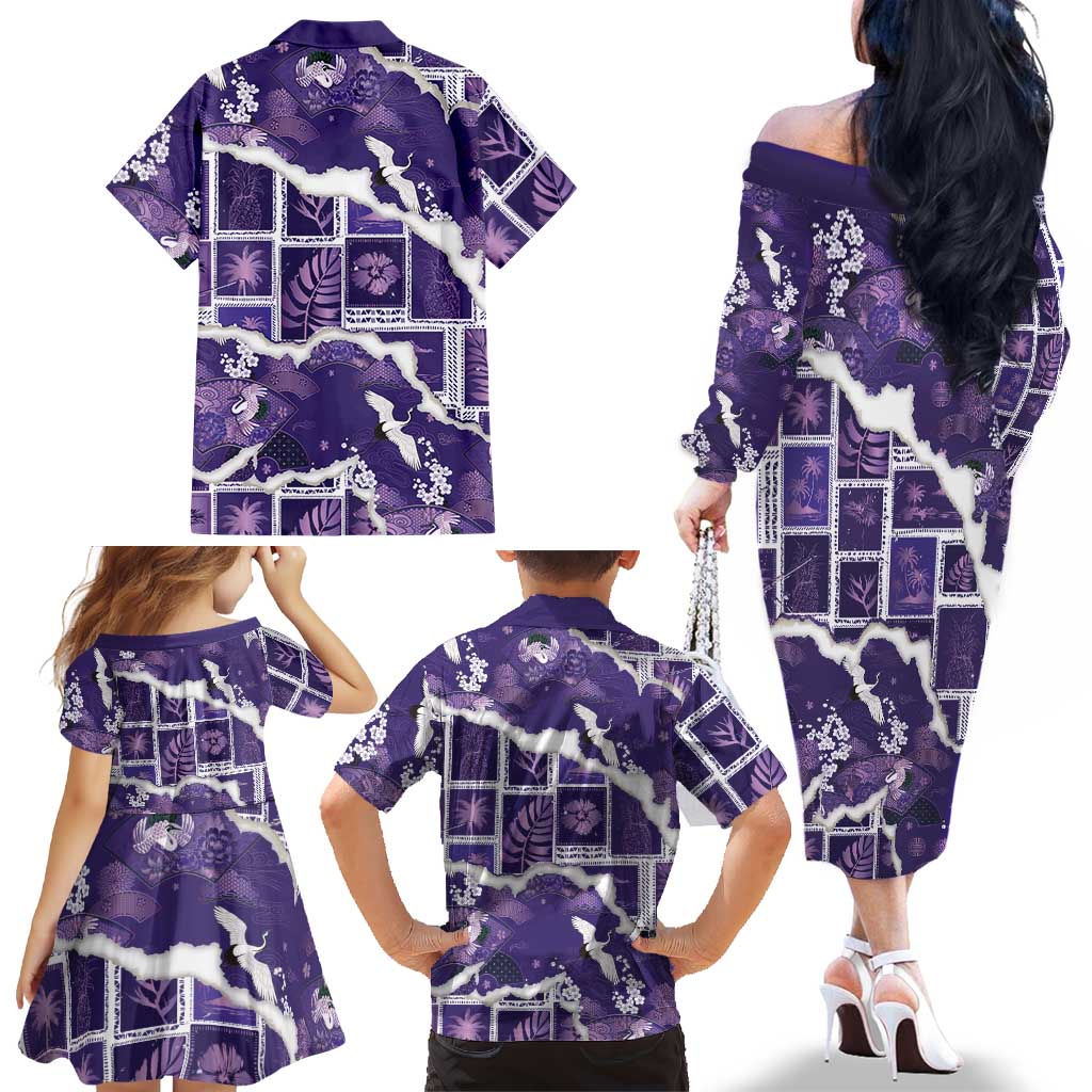 Hawaii Japanese Culture Purple Family Matching Off The Shoulder Long Sleeve Dress and Hawaiian Shirt Spring Cranes Aloha Pattern
