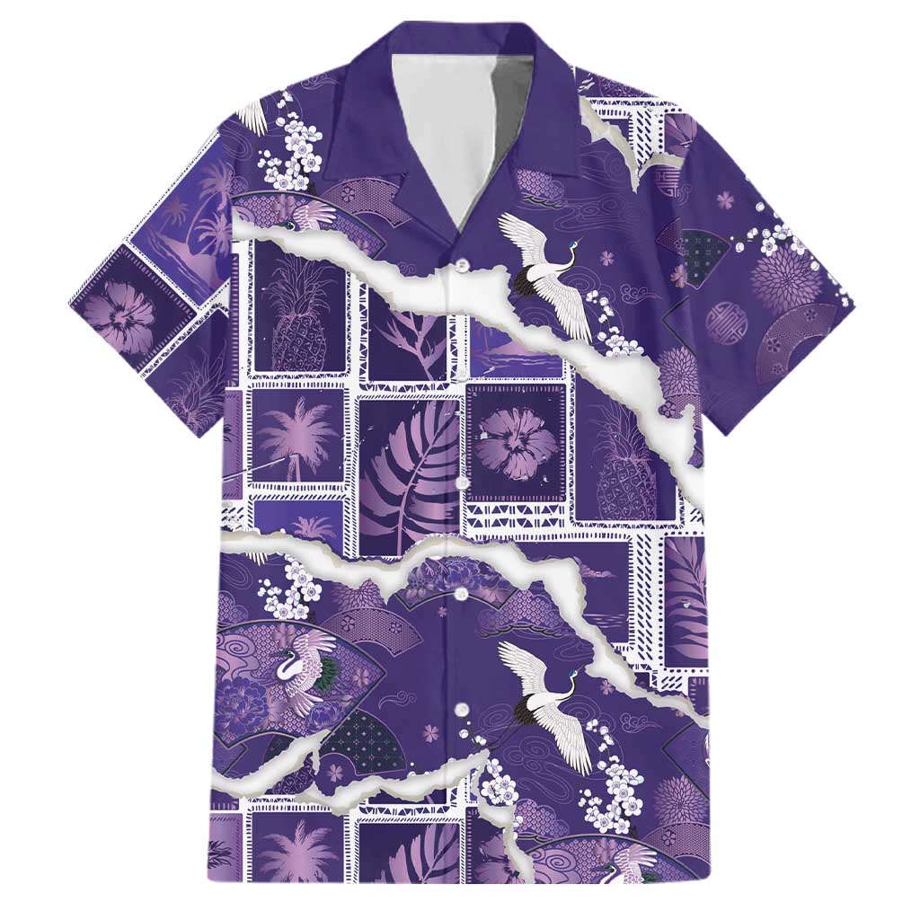 Hawaii Japanese Culture Purple Family Matching Off The Shoulder Long Sleeve Dress and Hawaiian Shirt Spring Cranes Aloha Pattern